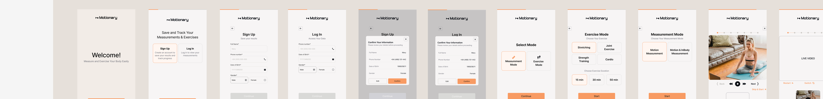 Motionary kiosk screen flow — 15 screens from Welcome to Personalized Results